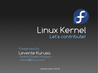Let's contribute!
Levente Kurusa
Presented by
Fedora Project Hungary
<levex@linux.com>
Licensed under CC-BY-SA
Linux Kernel
 