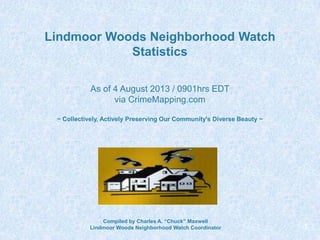 Lindmoor Woods Neighborhood Watch
Statistics
As of 4 August 2013 / 0901hrs EDT
via CrimeMapping.com
~ Collectively, Actively Preserving Our Community's Diverse Beauty ~
1
Compiled by Charles A. “Chuck” Maxwell
Lindmoor Woods Neighborhood Watch Coordinator
 