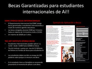 Becas Garantizadas para estudiantes
internacionales de Ai!!
EDMC OTORGA BECAS INTERNACIONALES
• El Departamento Internacional de EDMC otorga
becas garantizadas a estudiantes internacionales a
través de nuestros agentes educativos.
• Las becas otorgadas alcanzan $500 por trimestre
hasta un máximo de 3 trimestres al año o $1500.
• Un máximo de $4500 por 3 años.
THE ART INSTITUTE OTORGA BECAS
• Estudiantes Internacionales pueden aplicar a y
recibir desde $1000 hasta $20000 en becas
• The Art Institute cuenta con mas de 52 Millones
de Dólares en Fondos de becas para estudiantes Ai
• Los estudiantes deben escribir un ensayo de 250
palabras sobre porque se merecen una Beca.
• Si el estudiante tiene un Portafolio se recomienda
presentarlo al momento de aplicar a una Beca
Ejemplo de Aplicación a Becas
 