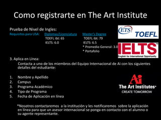 Como registrarte en The Art Institute
Prueba de Nivel de Ingles:
Requisitos para USA: Diplomas/Licenciatura Master’s Degree
TOEFL ibt: 65 TOEFL ibt: 79
IELTS: 6.0 IELTS: 6.5
* Promedio General: 3.0
* Portafolio
3. Aplica en Línea:
Contacta a uno de los miembros del Equipo Internacional de Ai con los siguientes
detalles del estudiante:
1. Nombre y Apellido
2. Campus
3. Programa Académico
4. Tipo de Programa
5. Fecha de Aplicación en línea
*Nosotros contactaremos a la institución y les notificaremos sobre la aplicación
en línea para que un asesor internacional se ponga en contacto con el alumno o
su agente representante.
 
