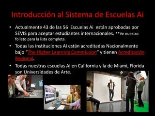 Introducción al Sistema de Escuelas Ai
• Actualmente 43 de las 56 Escuelas Ai están aprobadas por
SEVIS para aceptar estudiantes internacionales. **Ve nuestro
folleto para la lista completa.
• Todas las instituciones Ai están acreditadas Nacionalmente
bajo “The Higher Learning Commission” y tienen Acreditación
Regional.
• Todas nuestras escuelas Ai en California y la de Miami, Florida
son Universidades de Arte.
 