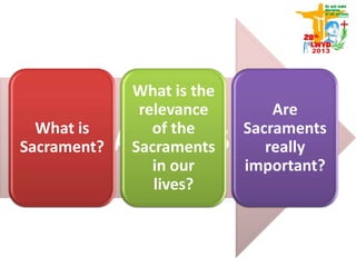 SACRAMENTS
What is
Sacrament?
What is the
relevance
of the
Sacraments
in our
lives?
Are
Sacraments
really
important?
 