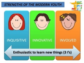 STRENGTHS OF THE MODERN YOUTH
INQUISITIVE INNOVATIVE INVOLVED
Enthusiastic to learn new things (3 I’s)
 