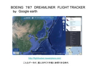 http://flighttracker.newairplane.com/
BOEING ７８７ DREAMLINER FLIGHT TRACKER
ｂｙ Google earth
こんなデータが、個人のPCで手軽に参照できる時代
 