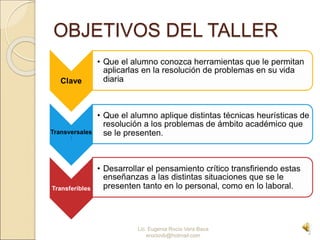 OBJETIVOS DEL TALLER
2
Lic. Eugenia Rocío Vera Baca
erociovb@hotmail.com