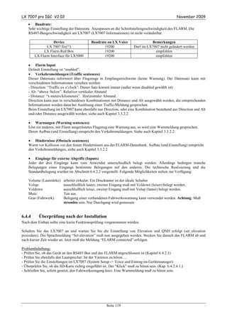 LX 7007 pro IGC V2.02                                                                                 November 2009
    • Baudrate:
    Sehr wichtige Einstellung der Datenrate. Anzupassen an die Schnittstellengeschwindigkeit des FLARM. Die
    RS485-Busgeschwindigkeit am LX7007 (LX7007 Informationen) ist nicht veränderbar.

                   Device                    Baudrate on LX Voice                  Bemerkungen
               LX 7007 fix(!!)                      19200                Darf im LX7007 nicht geändert werden
             LX Flarm Red Box                       19200                            empfohlen
        LX Flarm Interface für LX5000               19200                            empfohlen

    • Flarm Input
    Default Einstellung ist “enabled”.
    • Verkehrsmeldungen (Traffic sentences)
    Dieser Datensatz informiert über Flugzeuge in Empfangsreichweite (keine Warnung). Der Datensatz kann mit
    verschiedenen Informationen versehen werden:
    - Direction: “Traffic xx o’clock”. Dieser Satz kommt immer (außer wenn disabled gewählt ist)
    - Alt: “above /below”. Relativer vertikaler Abstand
    - Distance: “x meters/kilometers”. Horizontaler Abstand.
    Direction kann nun in verschiedenen Kombinationen mit Distance und Alt ausgewählt werden, die entsprechenden
    Informationen werden dann bei Auslösung einer Traffic-Meldung gesprochen.
    Beim Einstellung im LX7007 kann ebenfalls nur Direction, oder eine Kombination bestehend aus Direction und Alt
    und/oder Distance ausgewählt werden, siehe auch Kapitel 3.3.2.2

    • Warnungen (Warning sentences)
    Löst ein anderes, mit Flarm ausgerüstetes Flugzeug eine Warnung aus, so wird eine Warnmeldung gesprochen.
    Deren Aufbau (und Einstellung) entspricht den Verkehrsmeldungen. Siehe auch Kapitel 3.3.2.2

    • Hindernisse (Obstacle sentences)
    Warnt vor Kollision vor den festen Hindernissen aus der FLARM-Datenbank. Aufbau (und Einstellung) entspricht
    den Verkehrsmeldungen, siehe auch Kapitel 3.3.2.2

    • Eingänge für externe Abgriffe (Inputs)
    Jeder der drei Eingänge kann vom Anwender unterschiedlich belegt werden. Allerdings bedingen manche
    Belegungen eines Eingangs bestimmte Belegungen auf den anderen. Die technische Realisierung und die
    Standardbelegung wurden im Abschnitt 6.4.2.2 vorgestellt. Folgende Möglichkeiten stehen zur Verfügung:

    Volume (Lautstärke):   arbeitet zirkular. Ein Drucktaster ist der ideale Schalter
    Volup:                 ausschließlich lauter, zweiter Eingang muß mit Voldown (leiser) belegt werden.
    Voldown                ausschließlich leiser, zweiter Eingang muß mit Volup (lauter) belegt werden.
    Mute:                  Ton aus.
    Gear (Fahrwerk)        Belegung einer vorhandenen Fahrwerkswarnung kann verwendet werden. Achtung: Muß
                           stromlos sein. Nur Durchgang wird gemessen


6.4.4      Überprüfung nach der Installation
Nach dem Einbau sollte eine kurze Funktionsprüfung vorgenommen werden.

Schalten Sie das LX7007 an und warten Sie bis die Einstellung von Elevation und QNH erfolgt (set elevation
procedure). Die Sprachmeldung “Set elevation” muß nun ausgegeben werden. Stecken Sie danach das FLARM ab und
nach kurzer Zeit wieder an. Jetzt muß die Meldung “FLARM connected” erfolgen.

Problembehebung:
- Prüfen Sie, ob das Gerät an den RS485 Bus und das FLARM angeschlossen ist (Kapitel 6.4.2.1)
- Prüfen Sie ebenfalls den Lautsprecher. Ist der Varioton zu hören….
- Prüfen Sie die Einstellungen im LX7007 (System Setup -> Voice und Eintrag im Gerätemanager)
- Überprüfen Sie, ob die SD-Karte richtig eingeführt ist. Der “Klick” muß zu hören sein. (Kap. 6.4.2.4.1.)
- Schließen Sie, sofern gesetzt, den Fahrwerkseingang kurz. Eine Warnmeldung muß zu hören sein.




                                                       Seite 119
 