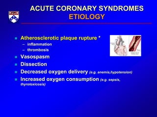 ACUTE CORONARY SYNDROMES
ETIOLOGY
 Atherosclerotic plaque rupture *
– inflammation
– thrombosis
 Vasospasm
 Dissection
 Decreased oxygen delivery (e.g. anemia,hypotension)
 Increased oxygen consumption (e.g. sepsis,
thyrotoxicosis)
 
