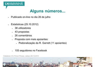 Alguns números...
         Publicado on-line no dia 26 de julho

         Estatisticas (25.10.2012)
              38 utilizadores
              43 propostas
              26 comentários
              Proposta com mais apoiantes:
                    Pedonalização da R. Garrett (11 apoiantes)


              105 seguidores no Facebook

Cidadania 2.0 | Fórum Picoas, Lisboa | 26.10.2012
 
