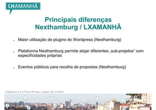 Principais diferenças
                        Nexthamburg / LXAMANHÃ
         Maior utilização de plugins do Wordpress (Nexthamburg)

         Plataforma Nexthamburg permite alojar diferentes „sub-projetos“ com
          especificidades próprias

         Eventos públicos para recolha de propostas (Nexthamburg)




Cidadania 2.0 | Fórum Picoas, Lisboa | 26.10.2012
 