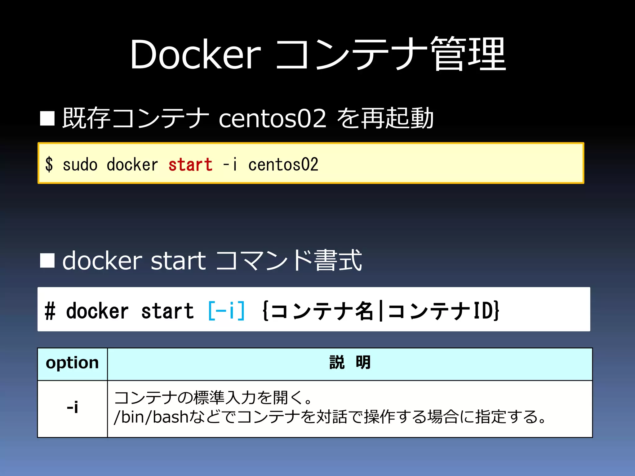 Docker コンテナ管理
 既存コンテナ centos02 を再起動
 docker start コマンド書式
$ sudo docker start –i centos02
# docker start [-i] {コンテナ名|コンテナID}
option 説 明
-i
コンテナの標準入力を開く。
/bin/bashなどでコンテナを対話で操作する場合に指定する。
 