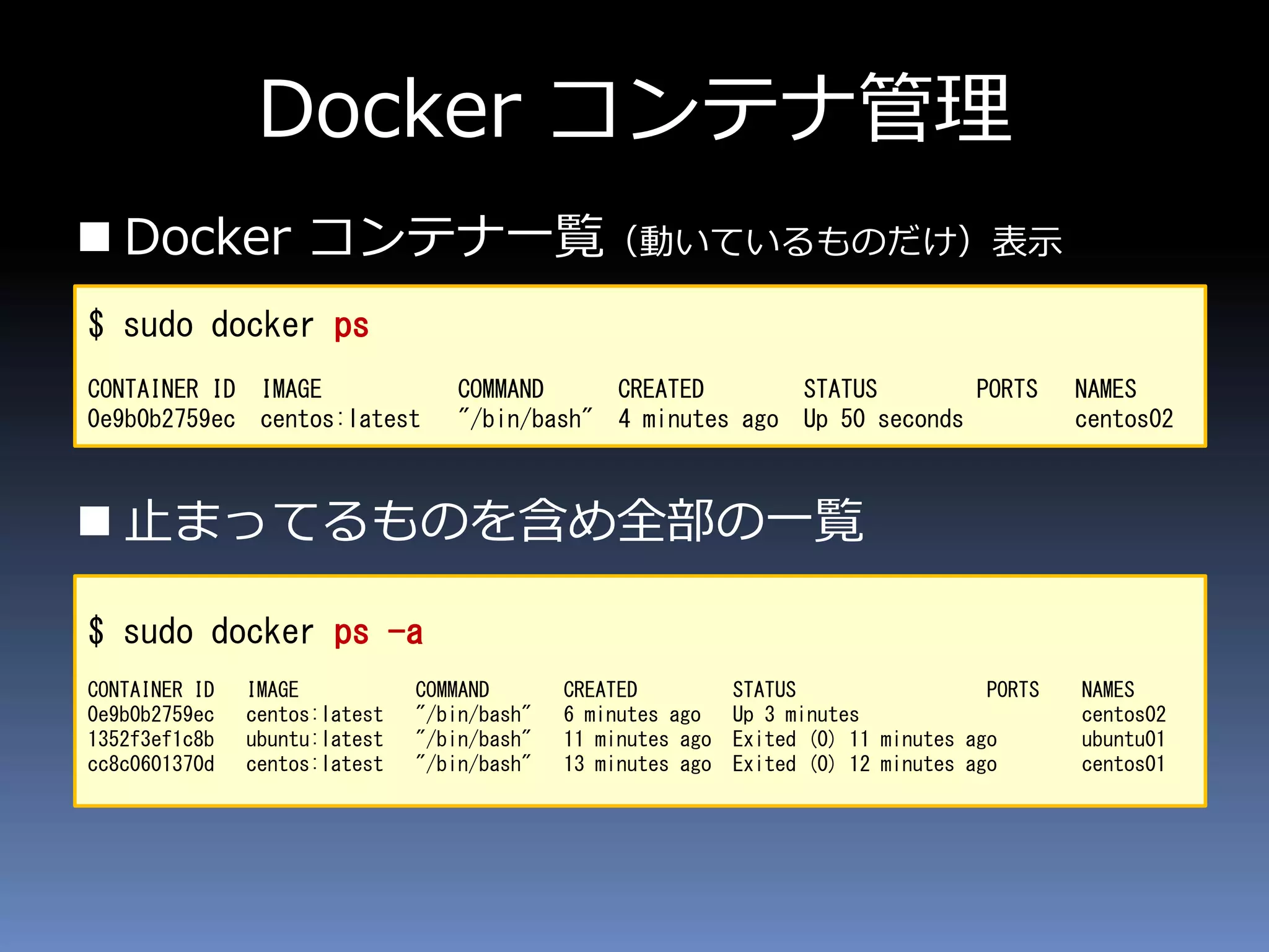 Docker コンテナ管理
 Docker コンテナ一覧（動いているものだけ）表示
 止まってるものを含め全部の一覧
$ sudo docker ps
CONTAINER ID IMAGE COMMAND CREATED STATUS PORTS NAMES
0e9b0b2759ec centos:latest "/bin/bash" 4 minutes ago Up 50 seconds centos02
$ sudo docker ps -a
CONTAINER ID IMAGE COMMAND CREATED STATUS PORTS NAMES
0e9b0b2759ec centos:latest "/bin/bash" 6 minutes ago Up 3 minutes centos02
1352f3ef1c8b ubuntu:latest "/bin/bash" 11 minutes ago Exited (0) 11 minutes ago ubuntu01
cc8c0601370d centos:latest "/bin/bash" 13 minutes ago Exited (0) 12 minutes ago centos01
 