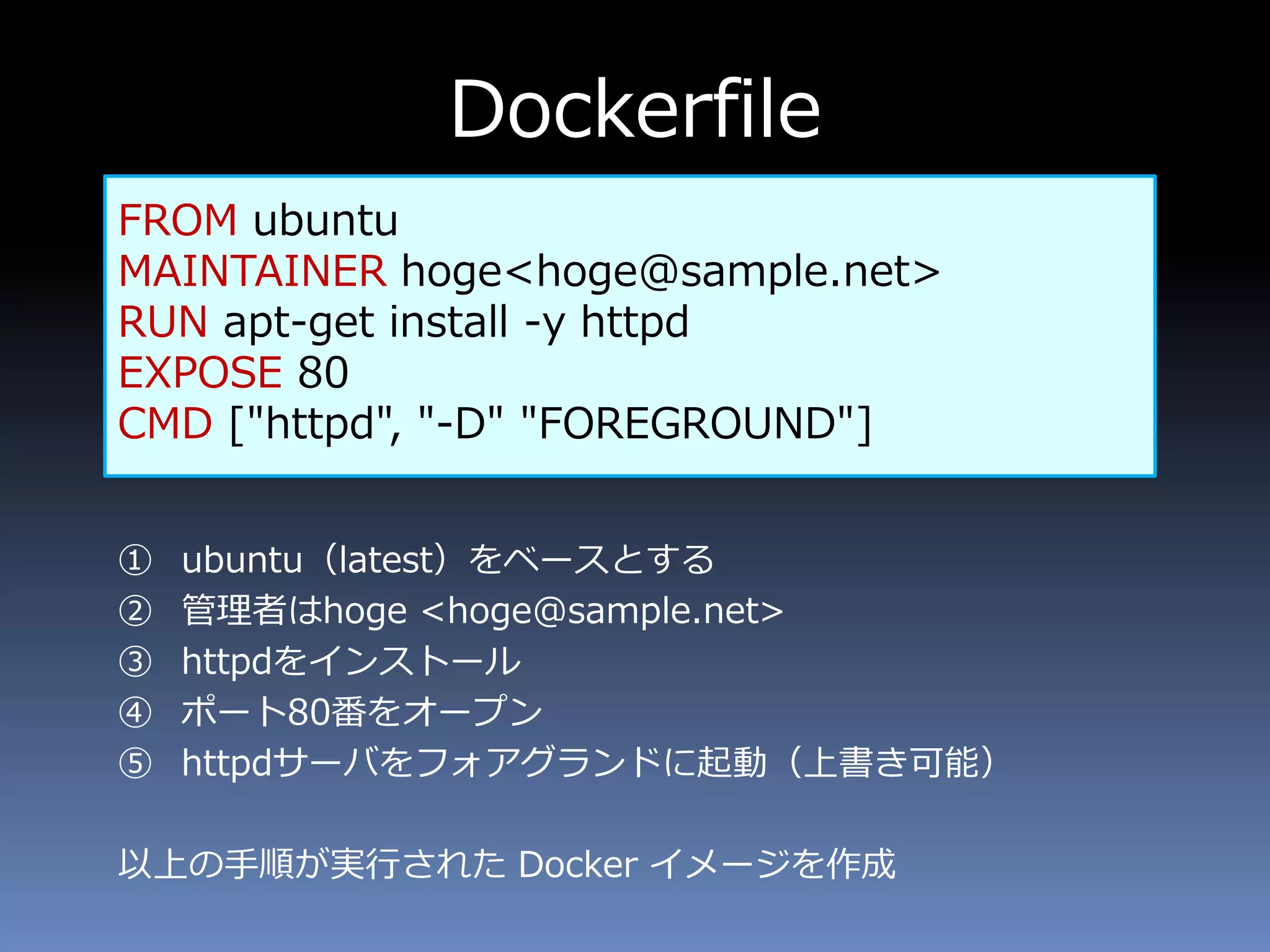 Dockerfile
FROM ubuntu
MAINTAINER hoge<hoge@sample.net>
RUN apt-get install -y httpd
EXPOSE 80
CMD ["httpd", "-D" "FOREGROUND"]
① ubuntu（latest）をベースとする
② 管理者はhoge <hoge@sample.net>
③ httpdをインストール
④ ポート80番をオープン
⑤ httpdサーバをフォアグランドに起動（上書き可能）
以上の手順が実行された Docker イメージを作成
 