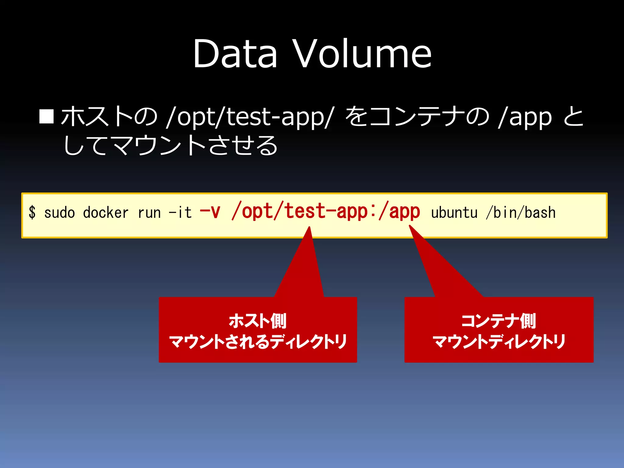 Data Volume
 ホストの /opt/test-app/ をコンテナの /app と
してマウントさせる
$ sudo docker run -it -v /opt/test-app:/app ubuntu /bin/bash
ホスト側
マウントされるディレクトリ
コンテナ側
マウントディレクトリ
 