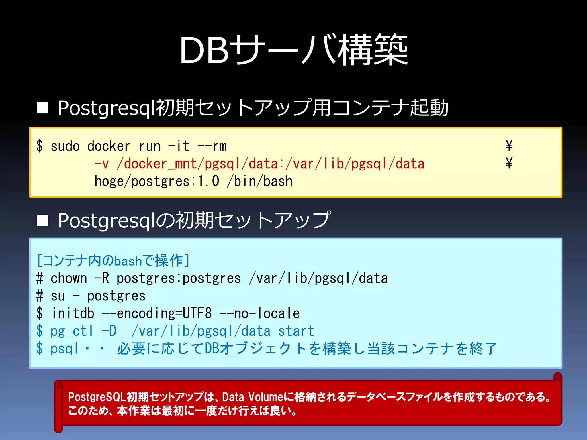DBサーバ構築
 Postgresql初期セットアップ用コンテナ起動
 Postgresqlの初期セットアップ
$ sudo docker run -it --rm ¥
-v /docker_mnt/pgsql/data:/var/lib/pgsql/data ¥
hoge/postgres:1.0 /bin/bash
［コンテナ内のbashで操作］
# chown -R postgres:postgres /var/lib/pgsql/data
# su - postgres
$ initdb --encoding=UTF8 --no-locale
$ pg_ctl -D /var/lib/pgsql/data start
$ psql・・ 必要に応じてDBオブジェクトを構築し当該コンテナを終了
PostgreSQL初期セットアップは、Data Volumeに格納されるデータベースファイルを作成するものである。
このため、本作業は最初に一度だけ行えば良い。
 
