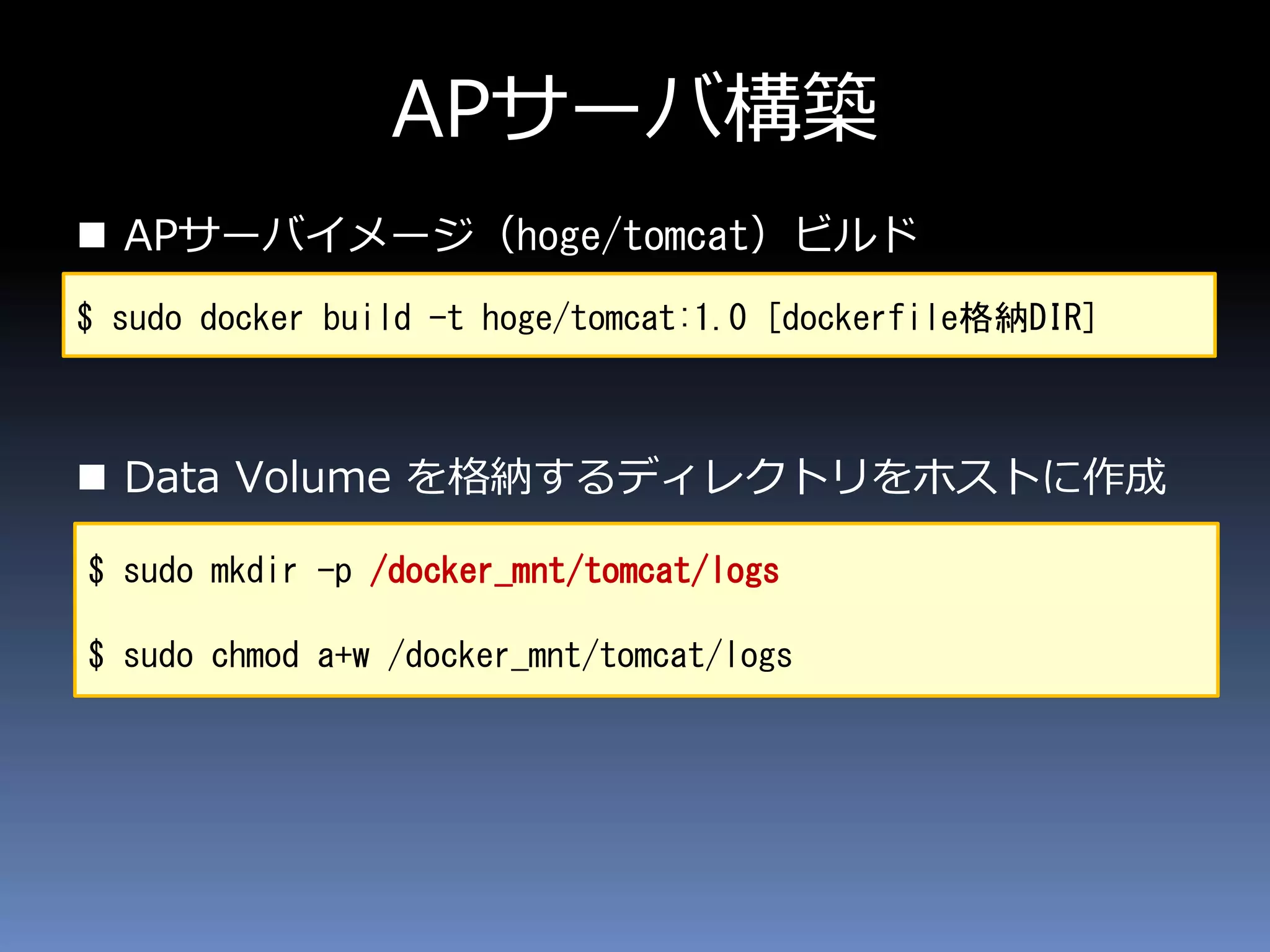 APサーバ構築
 APサーバイメージ（hoge/tomcat）ビルド
 Data Volume を格納するディレクトリをホストに作成
$ sudo docker build -t hoge/tomcat:1.0 [dockerfile格納DIR]
$ sudo mkdir -p /docker_mnt/tomcat/logs
$ sudo chmod a+w /docker_mnt/tomcat/logs
 