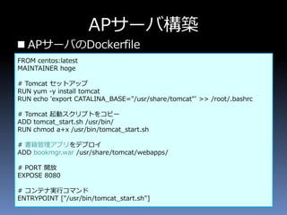 APサーバ構築
 APサーバのDockerfile
FROM centos:latest
MAINTAINER hoge
# Tomcat セットアップ
RUN yum -y install tomcat
RUN echo 'export CATALINA_BASE="/usr/share/tomcat"' >> /root/.bashrc
# Tomcat 起動スクリプトをコピー
ADD tomcat_start.sh /usr/bin/
RUN chmod a+x /usr/bin/tomcat_start.sh
# 書籍管理アプリをデプロイ
ADD bookmgr.war /usr/share/tomcat/webapps/
# PORT 開放
EXPOSE 8080
# コンテナ実行コマンド
ENTRYPOINT ["/usr/bin/tomcat_start.sh"]
 