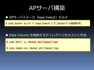 APサーバ構築
 APサーバイメージ（hoge/tomcat）ビルド
 Data Volume を格納するディレクトリをホストに作成
$ sudo docker build -t hoge/tomcat:1.0 [dockerfile格納DIR]
$ sudo mkdir -p /docker_mnt/tomcat/logs
$ sudo chmod a+w /docker_mnt/tomcat/logs
 