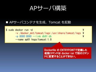 APサーバ構築
 APサーバコンテナを生成、Tomcat を起動
$ sudo docker run -d ¥
-v /docker_mnt/tomcat/logs:/usr/share/tomcat/logs ¥
-p 8080:8080 --link db01:db ¥
--name ap01 hoge/tomcat:1.0
Dockerfile の ENTRYPOINTで定義した
起動コマンドは docker run で別のコマン
ドに変更することができない。
 