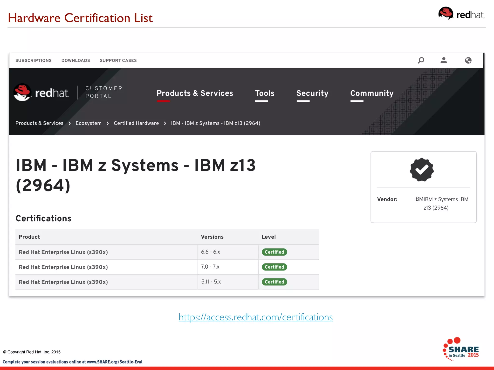 https://access.redhat.com/certifications
Hardware Certification List
© Copyright Red Hat, Inc. 2015
 