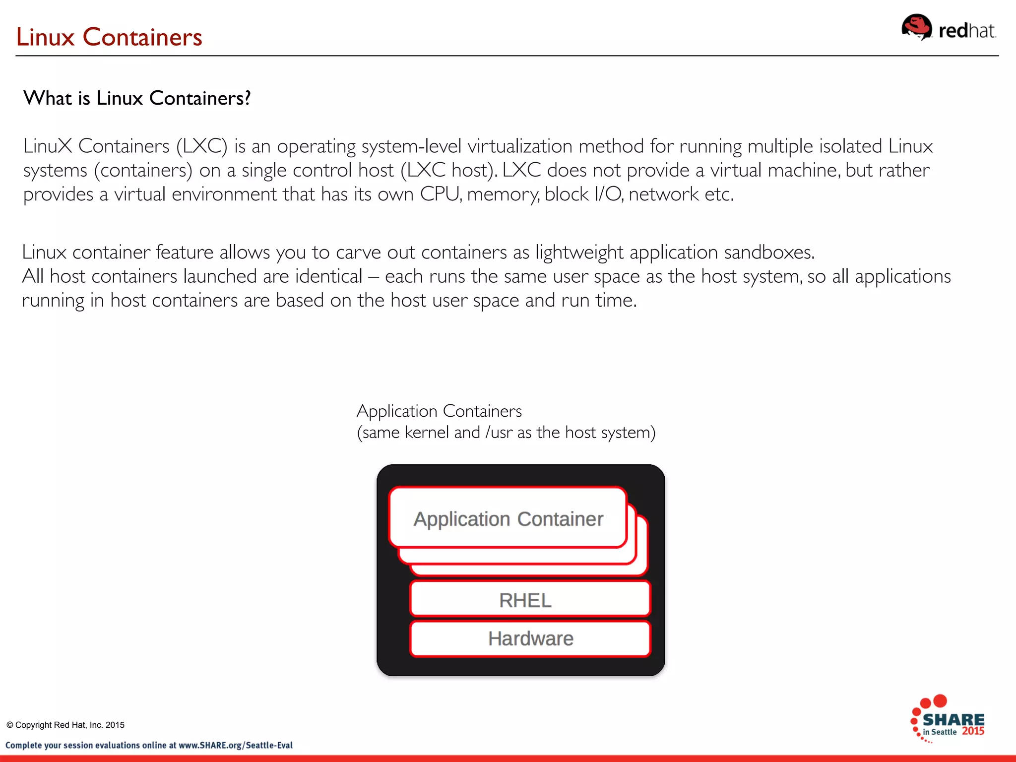 Linux Containers
Application Containers
(same kernel and /usr as the host system)
What is Linux Containers?
LinuX Containers (LXC) is an operating system-level virtualization method for running multiple isolated Linux
systems (containers) on a single control host (LXC host). LXC does not provide a virtual machine, but rather
provides a virtual environment that has its own CPU, memory, block I/O, network etc.
Linux container feature allows you to carve out containers as lightweight application sandboxes.
All host containers launched are identical – each runs the same user space as the host system, so all applications
running in host containers are based on the host user space and run time.
© Copyright Red Hat, Inc. 2015
 