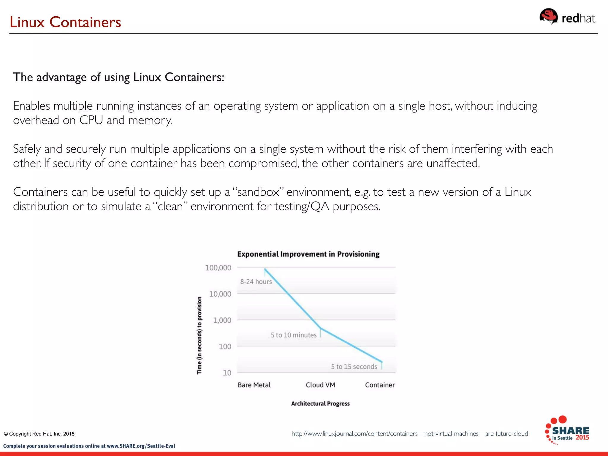 Linux Containers
http://www.linuxjournal.com/content/containers—not-virtual-machines—are-future-cloud
The advantage of using Linux Containers:
Enables multiple running instances of an operating system or application on a single host, without inducing
overhead on CPU and memory.
Safely and securely run multiple applications on a single system without the risk of them interfering with each
other. If security of one container has been compromised, the other containers are unaffected.
Containers can be useful to quickly set up a “sandbox” environment, e.g. to test a new version of a Linux
distribution or to simulate a “clean” environment for testing/QA purposes.
© Copyright Red Hat, Inc. 2015
 