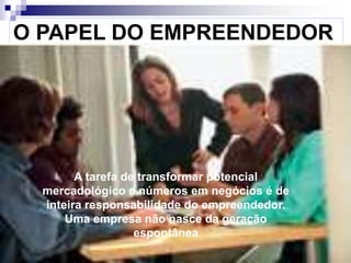 O PAPEL DO EMPREENDEDOR
A tarefa de transformar potencial
mercadológico e números em negócios é de
inteira responsabilidade do empreendedor.
Uma empresa não nasce da geração
espontânea
 