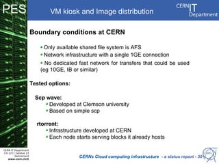 PES                          VM kiosk and Image distribution

                      Boundary conditions at CERN

                           Only available shared file system is AFS
                           Network infrastructure with a single 1GE connection
                            No dedicated fast network for transfers that could be used
                          (eg 10GE, IB or similar)

                      Tested options:

                        Scp wave:
                             Developed at Clemson university
                             Based on simple scp

                        rtorrent:
                             Infrastructure developed at CERN
                             Each node starts serving blocks it already hosts

CERN IT Department
CH-1211 Genève 23
        Switzerland
   www.cern.ch/it
                                         CERNs Cloud computing infrastructure - a status report - 30
 