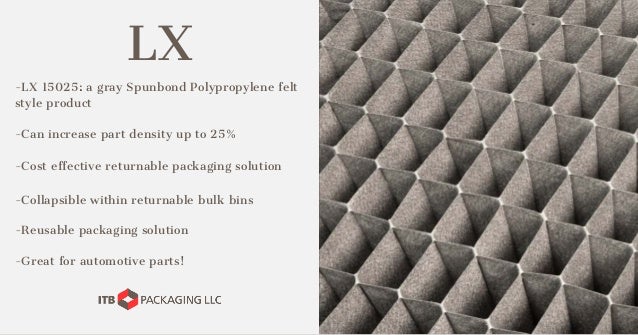 LX
-Cost returnable packaging solution
effective
Polypropylene
-LX 15025: gray Spunbond felt
style product
a
-Can increase part density up to 25%
-Great for automotive parts!
-Collapsible within returnable bulk bins
-Reusable packaging solution
 