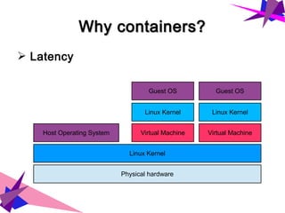 Why containers?Why containers?
➢ Latency
Physical hardware
Linux Kernel
Host Operating System
Guest OS
Virtual Machine
Linux Kernel
Guest OS
Virtual Machine
Linux Kernel
 