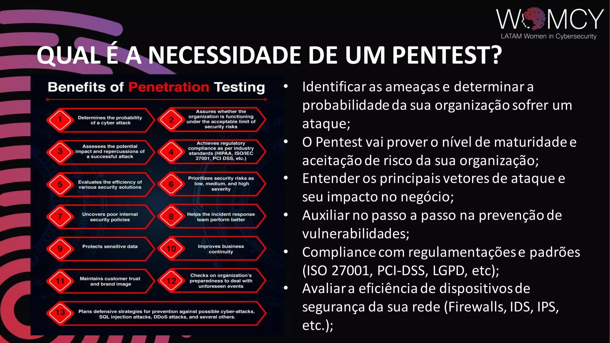 QUAL É A NECESSIDADE DE UM PENTEST?
• Identificaras ameaçase determinara
probabilidadeda sua organizaçãosofrer um
ataque;
• O Pentest vai prover o nível de maturidadee
aceitaçãode risco da sua organização;
• Entender os principaisvetores de ataque e
seu impacto no negócio;
• Auxiliarno passo a passo na prevençãode
vulnerabilidades;
• Compliancecom regulamentaçõese padrões
(ISO 27001, PCI-DSS, LGPD, etc);
• Avaliara eficiênciade dispositivosde
segurança da sua rede (Firewalls, IDS, IPS,
etc.);
 