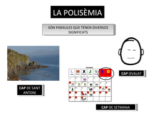 LA POLISÈMIA SÓN PARAULES QUE TÉNEN DIVERSOS SIGNIFICATS CAP DE SANT ANTONI CAP OVALAT CAP DE SETMANA