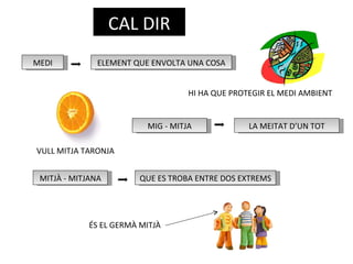 CAL DIR MEDI ELEMENT QUE ENVOLTA UNA COSA MIG - MITJA MITJÀ - MITJANA LA MEITAT D’UN TOT QUE ES TROBA ENTRE DOS EXTREMS HI HA QUE PROTEGIR EL MEDI AMBIENT VULL MITJA TARONJA ÉS EL GERMÀ MITJÀ