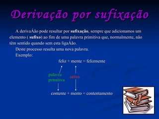 Derivação por sufixação A derivação pode resultar por  sufixação , sempre que adicionamos um elemento (  sufixo ) ao fim de uma palavra primitiva que, normalmente, não têm sentido quando sem esta ligação. Deste processo resulta uma nova palavra. Exemplo: feliz + mente = felizmente  sufixo contente + mento = contentamento palavra primitiva 