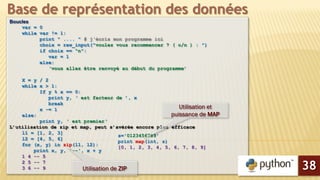 Boucles
var = 0
while var != 1:
print " .... " # j‘écris mon programme ici
choix = raw_input("voulez vous recommencer ? ( o/n ) : ")
if choix == "n":
var = 1
else:
‘vous allez être renvoyé au début du programme’
X = y / 2
while x > 1:
If y % x == 0:
print y, ‘ est facteur de ’, x
break
x -= 1
else:
print y, ‘ est premier‘
L’utilisation de zip et map, peut s’avérée encore plus efficace
l1 = [1, 2, 3]
l2 = [4, 5, 6]
for (x, y) in zip(l1, l2):
print x, y, '--', x + y
1 4 -- 5
2 5 -- 7
3 6 -- 9
Base de représentation des données
38
s='0123456789'
print map(int, s)
[0, 1, 2, 3, 4, 5, 6, 7, 8, 9]
Utilisation et
puissance de MAP
Utilisation de ZIP
 