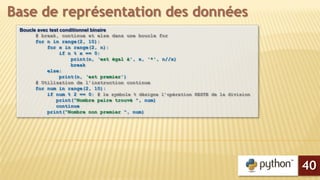 Boucle avec test conditionnel binaire
# break, continue et else dans une boucle for
for n in range(2, 10):
for x in range(2, n):
if n % x == 0:
print(n, ‘est égal à', x, '*', n//x)
break
else:
print(n, ‘est premier')
# Utilisation de l’instruction continue
for num in range(2, 10):
if num % 2 == 0: # le symbole % désigne l’opération RESTE de la division
print(“Nombre paire trouvé ", num)
continue
print(“Nombre non premier ", num)
Base de représentation des données
40
 