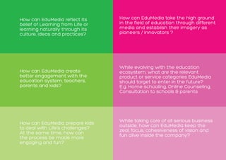 OVERVIEW How can EduMedia take the high ground
in the field of education through different
media and establish their imagery as
pioneers / innovators ?
While evolving with the education
ecosystem, what are the relevant
product or service categories EduMedia
should target to enter in the future?
E.g. Home schooling, Online Counseling,
Consultation to schools & parents
While taking care of all serious business
outside, how can EduMedia keep the
zeal, focus, cohesiveness of vision and
fun alive inside the company?
How can EduMedia create
better engagement with the
education system, teachers,
parents and kids?
How can EduMedia prepare kids
to deal with Life’s challenges?
At the same time, how can
the process be made more
engaging and fun?
How can EduMedia reflect its
belief of Learning from Life or
learning naturally through its
culture, ideas and practices?
 