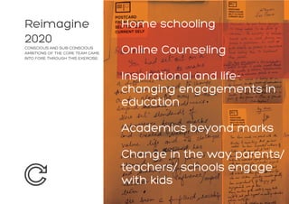 Reimagine
2020
CONSCIOUS AND SUB-CONSCIOUS
AMBITIONS OF THE CORE TEAM CAME
INTO FORE THROUGH THIS EXERCISE:
Home schooling
Online Counseling
Inspirational and life-
changing engagements in
education
Academics beyond marks
Change in the way parents/
teachers/ schools engage
with kids
 