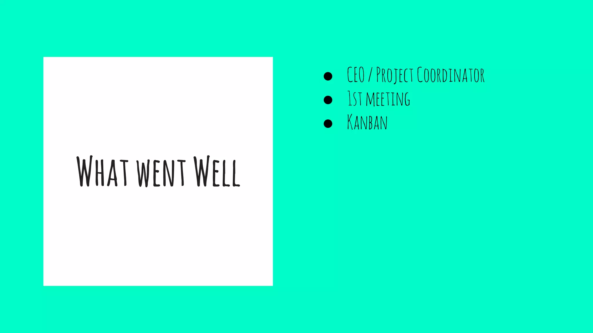 WhatwentWell
● CEO/ProjectCoordinator
● 1stmeeting
● Kanban
 