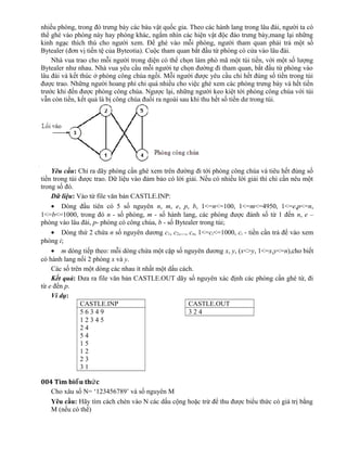 nhiều phòng, trong đó trưng bày các báu vật quốc gia. Theo các hành lang trong lâu đài, người ta có
thể ghé vào phòng này hay phòng khác, ngắm nhìn các hiện vật độc đáo trưng bày,mang lại những
kinh ngạc thích thú cho người xem. Để ghé vào mỗi phòng, người tham quan phải trả một số
Bytealer (đơn vị tiền tệ của Byteotia). Cuộc tham quan bắt đầu từ phòng có cửa vào lâu đài.
Nhà vua trao cho mỗi người trong diện có thể chọn làm phò mã một túi tiền, với một số lượng
Bytealer như nhau. Nhà vua yêu cầu mỗi người tự chọn đường đi tham quan, bắt đầu từ phòng vào
lâu đài và kết thúc ở phòng công chúa ngồi. Mỗi người được yêu cầu chi hết đúng số tiền trong túi
được trao. Những người hoang phí chi quá nhiều cho việc ghé xem các phòng trưng bày và hết tiền
trước khi đến được phòng công chúa. Ngược lại, những người keo kiệt tới phòng công chúa với túi
vẫn còn tiền, kết quả là bị công chúa đuổi ra ngoài sau khi thu hết số tiền dư trong túi.
Yêu cầu: Chỉ ra dãy phòng cần ghé xem trên đường đi tới phòng công chúa và tiêu hết đúng số
tiền trong túi được trao. Dữ liệu vào đảm bảo có lời giải. Nếu có nhiều lời giải thì chỉ cần nêu một
trong số đó.
Dữ liệu: Vào từ file văn bản CASTLE.INP:
• Dòng đầu tiên có 5 số nguyên n, m, e, p, b, 1<=n<=100, 1<=m<=4950, 1<=e,p<=n,
1<=b<=1000, trong đó n - số phòng, m - số hành lang, các phòng được đánh số từ 1 đến n, e –
phòng vào lâu đài, p- phòng có công chúa, b - số Bytealer trong túi;
• Dòng thứ 2 chứa n số nguyên dương c1, c2,..., cn, 1<=ci<=1000, ci - tiền cần trả để vào xem
phòng i;
• m dòng tiếp theo: mỗi dòng chứa một cặp số nguyên dương x, y, (x<>y, 1<=x,y<=n),cho biết
có hành lang nối 2 phòng x và y.
Các số trên một dòng các nhau ít nhất một dấu cách.
Kết quả: Đưa ra file văn bản CASTLE.OUT dãy số nguyên xác định các phòng cần ghé từ, đi
từ e đến p.
Ví dụ:
CASTLE.INP CASTLE.OUT
5 6 3 4 9 3 2 4
1 2 3 4 5
2 4
5 4
1 5
1 2
2 3
3 1
004 Tìm bi u th cể ứ
Cho xâu số N= ‘123456789’ và số nguyên M
Yêu cầu: Hãy tìm cách chèn vào N các dấu cộng hoặc trừ để thu được biểu thức có giá trị bằng
M (nếu có thể)
 
