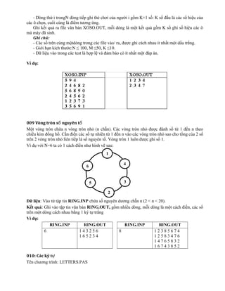 - Dòng thứ i trongN dòng tiếp ghi thẻ chơi của người i gồm K+1 số: K số đầu là các số hiệu của
các ô chọn, cuối cùng là điểm tương ứng.
Ghi kết quả ra file văn bản XOSO.OUT, mỗi dòng là một kết quả gồm K số ghi số hiệu các ô
mà máy đã sinh.
Ghi chú:
- Các số trên cùng mộtdòng trong các file vào/ ra, được ghi cách nhau ít nhất một dấu trắng.
- Giới hạn kích thước:N ≤ 100, M ≤50, K ≤10.
- Dữ liệu vào trong các test là hợp lệ và đảm bảo có ít nhất một đáp án.
Ví dụ:
009 Vòng tròn s nguyên tố ố
Một vòng tròn chứa n vòng tròn nhỏ (n chẵn). Các vòng tròn nhỏ được đánh số từ 1 đến n theo
chiều kim đồng hồ. Cần điền các số tự nhiên từ 1 đến n vào các vòng tròn nhỏ sao cho tổng của 2 số
trên 2 vòng tròn nhỏ liên tiếp là số nguyên tố. Vòng tròn 1 luôn được ghi số 1.
Ví dụ với N=6 ta có 1 cách điền như hình vẽ sau:
Dữ liệu: Vào từ tập tin RING.INP chứa số nguyên dương chẵn n (2 < n < 20).
Kết quả: Ghi vào tập tin văn bản RING.OUT, gồm nhiều dòng, mỗi dòng là một cách điền, các số
trên một dòng cách nhau bằng 1 ký tự trắng
Ví dụ:
RING.INP RING.OUT RING.INP RING.OUT
6 1 4 3 2 5 6
1 6 5 2 3 4
8 1 2 3 8 5 6 7 4
1 2 5 8 3 4 7 6
1 4 7 6 5 8 3 2
1 6 7 4 3 8 5 2
010: Các ký tự
Tên chương trình: LETTERS.PAS
1
4
3
2
5
6
 