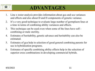 ADVANTAGES
1. Line x tester analysis provides information about gca and sca variances
and effects and also about D and H components of genetic variance.
2. It’s a very good technique to evaluate large number of germplasm lines at
a time in terms of combining ability variances and effects.
3. This technique can be used even when some of the lines have self -
combining or male sterility.
4. Estimates of heritability, genetic advance and heritability can also be
estimated.
5. Estimates of gca help in selection of good general combining parents for
use in hybridization programs.
6. Estimates of specific combining ability effects help in the selection of
superior cross combinations in developing commercial hybrids.
4/6/2022 11
 