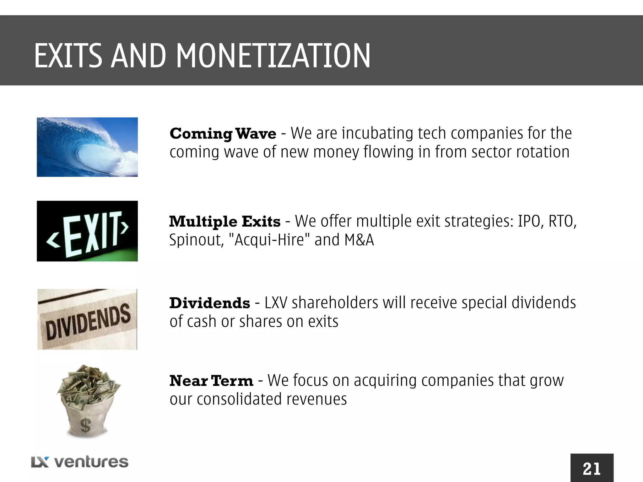 EXITS AND MONETIZATION
Coming Wave - We are incubating tech companies for the
coming wave of new money flowing in from sector rotation

Multiple Exits - We offer multiple exit strategies: IPO, RTO,
Spinout, "Acqui-Hire" and M&A

Dividends - LXV shareholders will receive special dividends
of cash or shares on exits
Near Term - We focus on acquiring companies that grow
our consolidated revenues

21

 