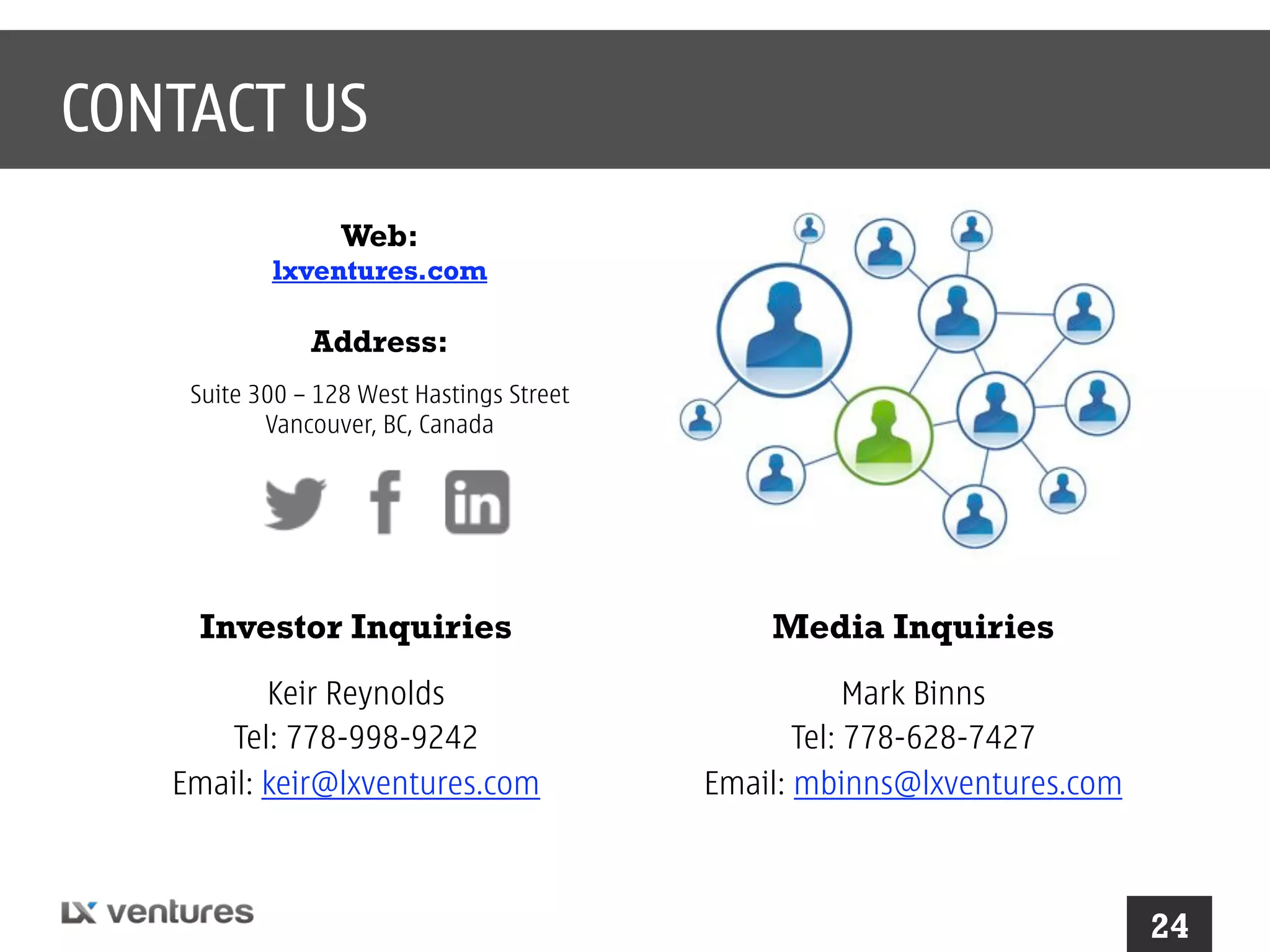 CONTACT US
Web:

lxventures.com

Address:
Suite 300 – 128 West Hastings Street
Vancouver, BC, Canada

Investor Inquiries

Media Inquiries

Keir Reynolds
Tel: 778-998-9242
Email: keir@lxventures.com

Mark Binns
Tel: 778-628-7427
Email: mbinns@lxventures.com

24

 