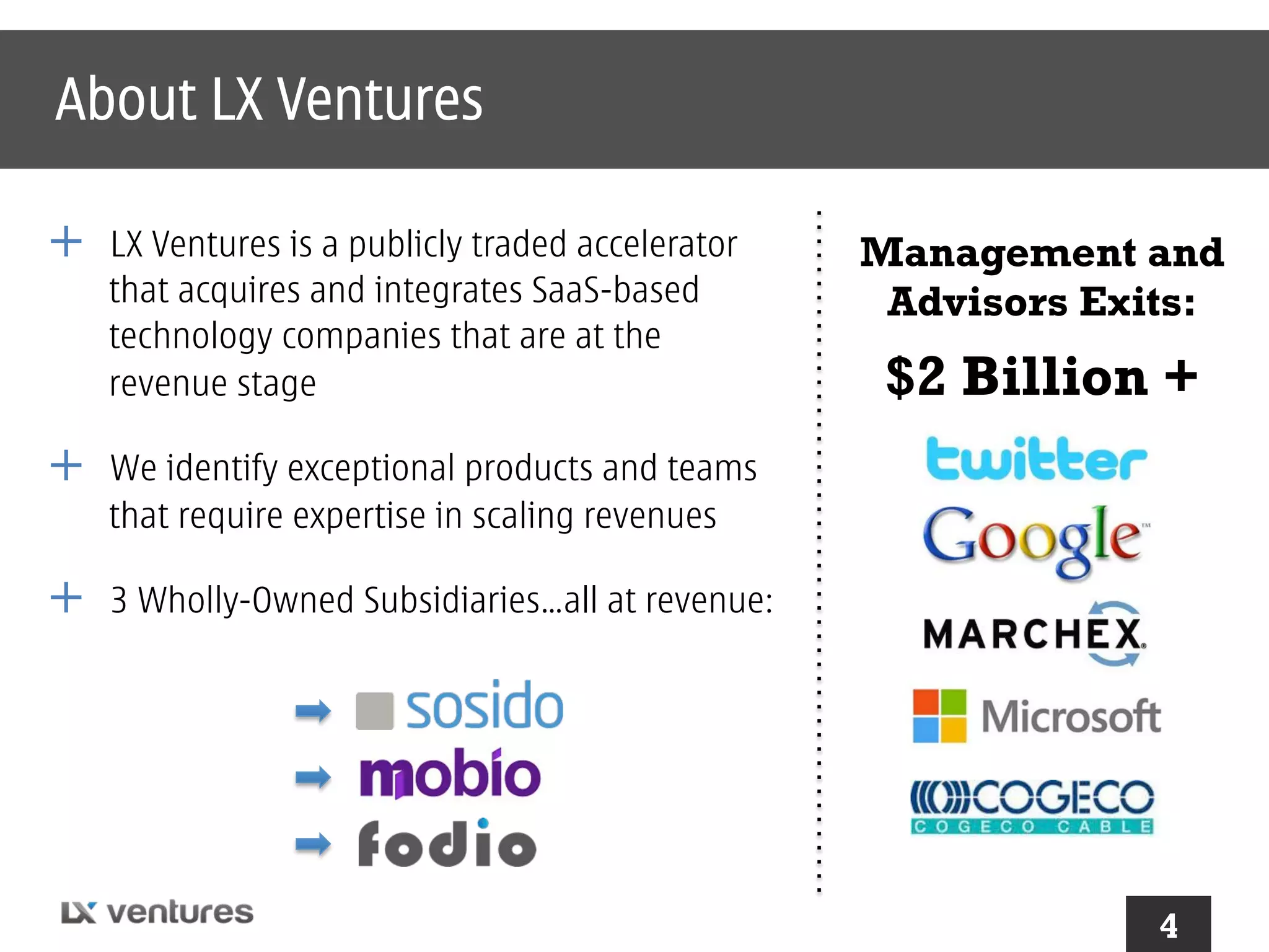 About LX Ventures
+  LX Ventures is a publicly traded accelerator
that acquires and integrates SaaS-based
technology companies that are at the
revenue stage

Management and
Advisors Exits:

$2 Billion +

+  We identify exceptional products and teams
that require expertise in scaling revenues

+  3 Wholly-Owned Subsidiaries…all at revenue:

4

4

 