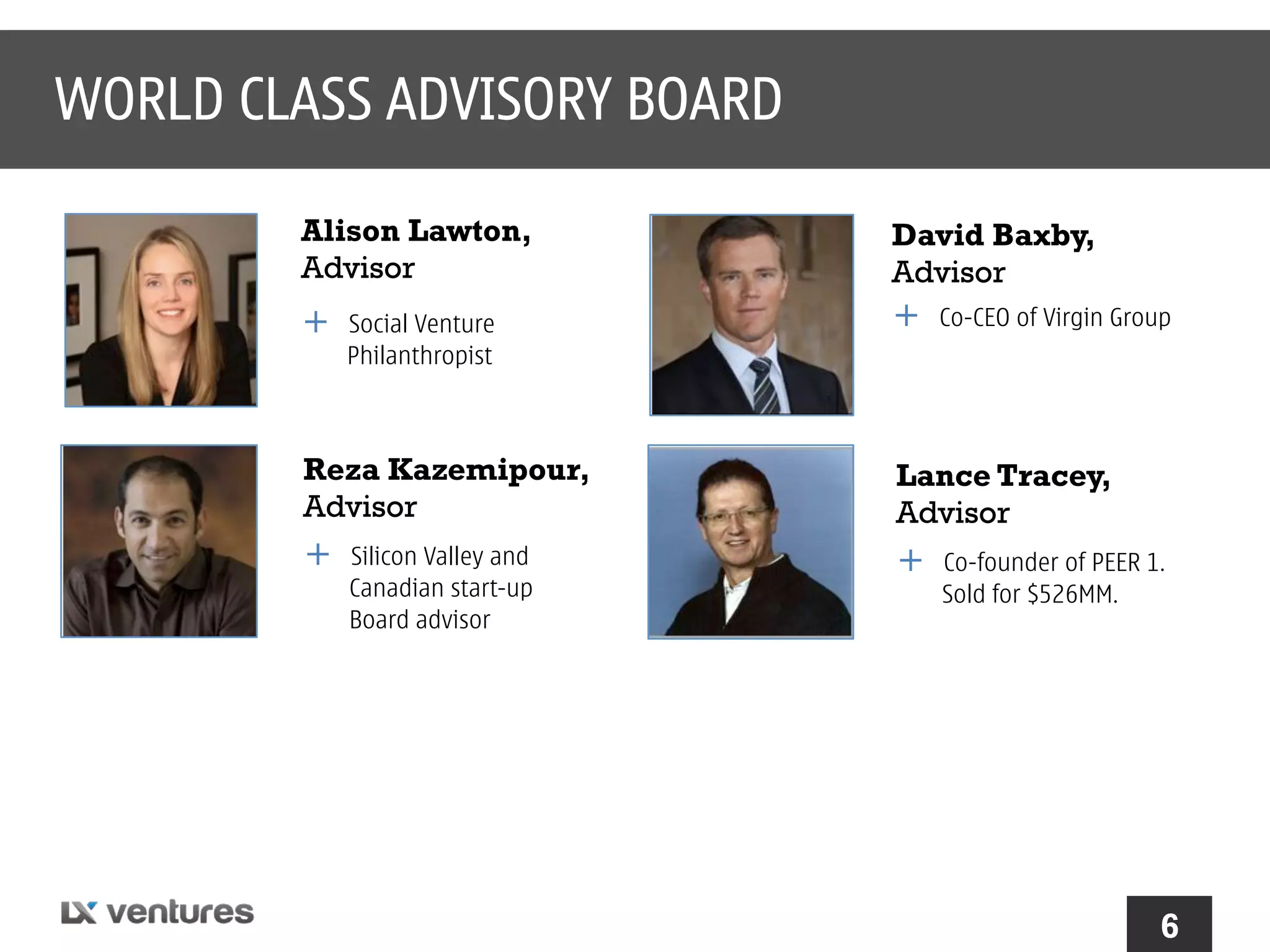WORLD CLASS ADVISORY BOARD
Alison Lawton,
Advisor

David Baxby,
Advisor

+ 

+ 

Social Venture
Philanthropist

Reza Kazemipour,
Advisor

+ 

Silicon Valley and
Canadian start-up
Board advisor

Co-CEO of Virgin Group

Lance Tracey,
Advisor

+ 

Co-founder of PEER 1.
Sold for $526MM.

6

 