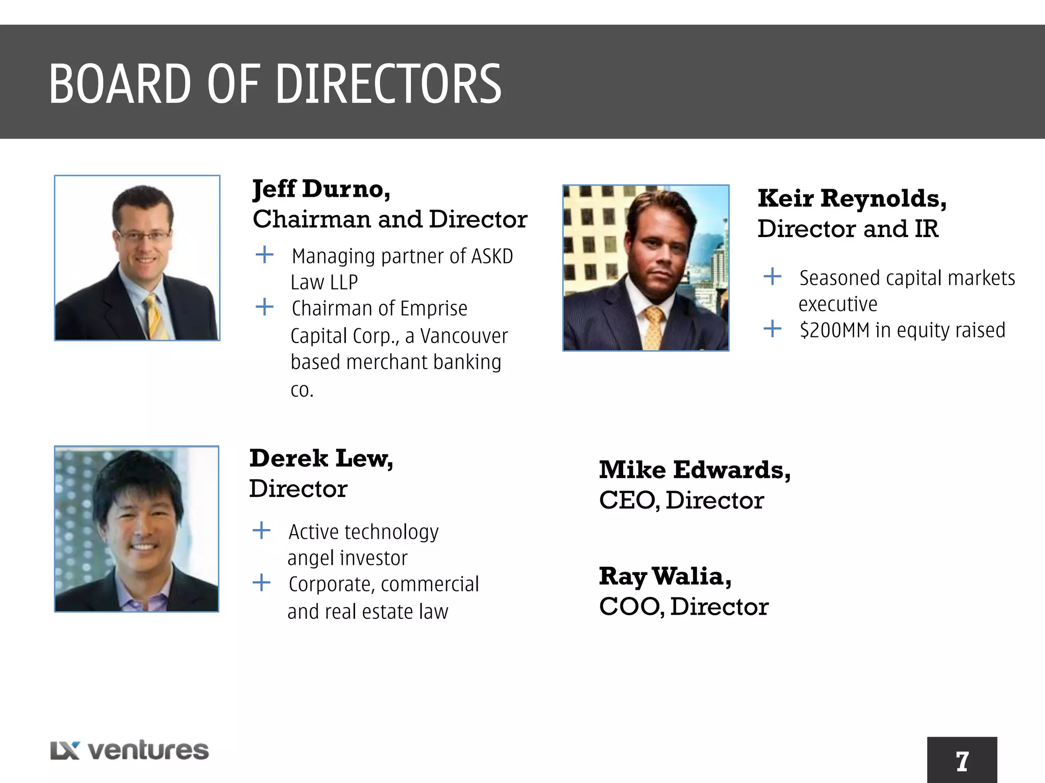 BOARD OF DIRECTORS
Jeff Durno,
Chairman and Director

+ 
+ 

Managing partner of ASKD
Law LLP
Chairman of Emprise
Capital Corp., a Vancouver
based merchant banking
co.

Derek Lew,
Director

+ 
+ 

Active technology
angel investor
Corporate, commercial
and real estate law

Keir Reynolds,
Director and IR

+ 
+ 

Seasoned capital markets
executive
$200MM in equity raised

Mike Edwards,
CEO, Director
Ray Walia,
COO, Director

7

 