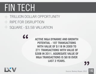 FIN TECH
 TRILLION DOLLAR OPPORTUNITY
 RIPE FOR DISRUPTION
 SQUARE - $3.5B VALUATION




                               Source: Berkery Noyes, 2012   16
 