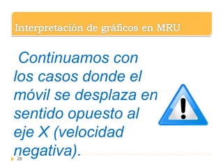 Continuamos con
los casos donde el
móvil se desplaza en
sentido opuesto al
eje X (velocidad
negativa).28
 