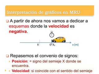  A partir de ahora nos vamos a dedicar a
esquemas donde la velocidad es
negativa.
 Repasemos el convenio de signos:
 Posición: = signo del semieje X donde se
encuentra.
 Velocidad: si coincide con el sentido del semieje
 