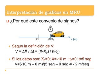  ¿Por qué este convenio de signos?
 Según la definición de V:
V = ΔX / Δt = (X-X0) / (t-t0)
 Si los datos son: X0=0; X=-10 m ; t0=0; t=5 seg
V=(-10 m – 0 m)/(5 seg – 0 seg)= - 2 m/seg
 